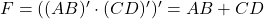 F = ((AB)^\prime \cdot (CD)^\prime)^\prime = AB + CD