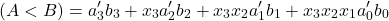 \[ (A < B) = a_3^\prime b_3 + x_3 a_2^\prime b_2 + x_3 x_2 a_1^\prime b_1 + x_3 x_2 x_1 a_0^\prime b_0 \]