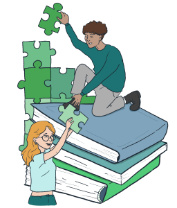 Illustration décorative où deux personnes collaborent pour créer un casse-tête. L'une des deux personnes est à genoux sur une pile de livres.