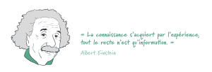 Illustration du visage de Albert Einstein avec la citation suivante: « La connaissance s'acquiert par l'expérience, tout le reste n'est qu'information ».