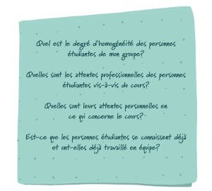 Encadré qui présente les questions suivantes: 1) Quel est le degré d'homogénéité des personnes étudiantes de mon groupe? 2) Quelles sont les attentes professionnelles des personnes étudiantes vis-à-vis du cours? 3)Quelles sont leurs attentes personnelles en ce qui concerne le cours? 4) Est-ce que les personnes étudiantes se connaissent déjà et ont-elles déjà travaillé en équipe?