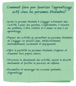 Illustration d'une feuille de papier qui présente la question suivante: Comment faire pour favoriser l’apprentissage actif chez les personnes étudiantes? Les trucs suivants sont ensuite présentés en points de forme: Inciter la personne étudiante à s'engager activement dans l’activité, à poser des questions, à expérimenter, à résoudre des problèmes, à être créative et à donner un sens à son apprentissage; Proposer des activités qui permettent aux personnes étudiantes de s’engager sur plusieurs plans, intellectuellement, émotionnellement, socialement et physiquement; Offrir la possibilité aux personnes étudiantes d'explorer et d'examiner leurs propres valeurs; Structurer le déroulement des activités, assurer la sécurité émotionnelle et faciliter le processus de réflexion. Reconnaître et encourager les occasions spontanées d'apprentissage