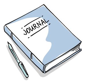 Un Cahier à la couverture rigide est posé à plat, il porte l’inscription « journal » sur le dessus. Un crayon est posé à gauche.
