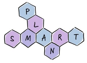 Plusieurs formes hexagonales collées les unes aux autres, portant chacune une lettre, et formant les mots « PLAN » et « SMART » qui se croisent à la lettre « A »