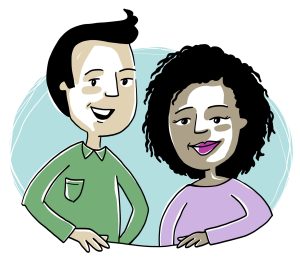 Deux personnages en discussion, l’homme à gauche est Roger, la femme à droite est Roxane.