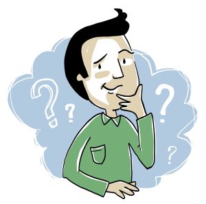 Une personne en pleine réflexion, le monsieur se tient le menton entre le pouce et l’index, il est entouré de points d’interrogation. Réfléchir et laisser venir les idées.