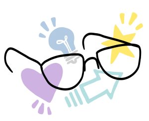 Une structure de lunette simple de couleur noire. Quatre formes sont visibles en arrière : une étoile, une lampe, un cœur et une flèche. Tous les éléments semblent en action, car des éclats en échappent.