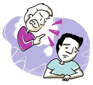 Un personnage adulte est à gauche, l’air furieux, car des éclats échappent de la bouche pour signifier l’intensité. Il pointe l’index vers un jeune personnage à droite, à l’air accablé et triste, et les mains jointes.