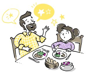 Un père parle à sa petite fille pendant un repas. Deux bulles de discussions entourent le père, avec des formes d’étoiles qui semblent extraites des bulles et se diriger vers la petite fille.
