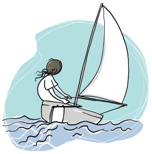 Une personne navigue sur un petit voilier. L’individu est assis à l’arrière du bateau, tenant ce qui semble être la barre ou une corde connectée à la voile. La voile est entièrement déployée et attrape le vent, indiquant un mouvement.