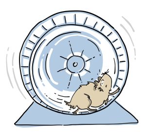 Un hamster courant à l’intérieur d’une roue. La roue est représentée en mouvement, indiquée par les lignes de mouvement autour d’elle.