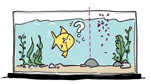 Dans un aquarium, divers végétaux sortent du sol. Sur le côté gauche, il y a un poisson jaune avec un point d’interrogation au-dessus de lui. Le centre de l’aquarium est traversé par une ligne discontinue. Les grains de nourriture semblent tomber sur le côté droit de la ligne et descendent vers le fond.