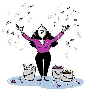 Une personne lève les bras en signe de célébration la tête en arrière, entourée de confettis et de trois sceaux remplis de ce qui semble être des confettis.