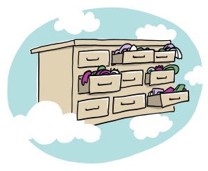 Une commode en bois avec neuf tiroirs sur trois rangées, certains sont ouverts, révélant des vêtements colorés à l’intérieur et débordant. La commode est entourée de ce qui semble être des nuages blancs moelleux sur un fond bleu clair.