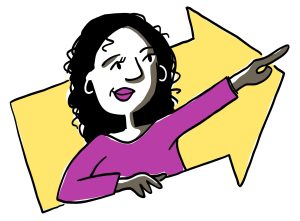 Une personne tient son bras gauche tendu, pointant vers la droite. Une grosse flèche jaune est derrière et semble indiquer une direction.