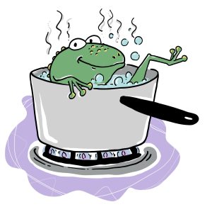 Une grenouille à l’air comique assise dans une casserole des bulles et de la vapeur indiquent que l’eau est en train de bouillir. La casserole est placée sur un feu de cuisine allumé.