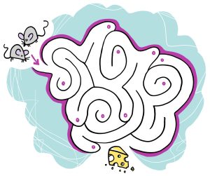 Un labyrinthe avec une souris sur le côté gauche, une flèche pointant vers l’intérieur du labyrinthe. Un morceau de fromage situé dans le coin inférieur à droite. Le labyrinthe est composé de chemins sinueux et tortueux.