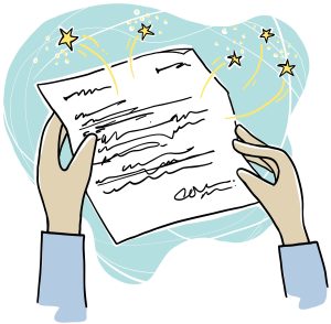 Une paire de mains tient un morceau de papier qui suggère une lettre.