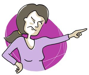 Une personne avec le visage sévère et porte une queue de cheval basse. La main sur la hanche, elle pointe son doigt vers la droite comme pour indiquer un ordre de prendre cette direction.