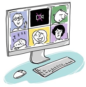 Un écran d’ordinateur affiche un appel vidéo avec six carrés différents, chacun contient un personnage avec une expression différente sur le visage. Une des cases indique une caméra fermée. Une des personnes dort. L’écran est posé sur un bureau avec un clavier et une souris.