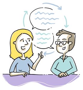 Deux personnes sont assises à une table, et sont en train de converser. Les deux bulles de conversation sont entourées de flèches courbes qui forme un cercle, cela suggère une discussion et un échange harmonieux.