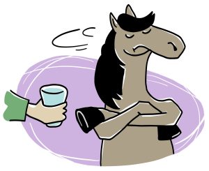 Un cheval debout, la partie du haut est visible. Les deux pattes de devant croisées, le visage tourné vers le côté, il semble refuser un verre qui lui est tendu par une main à gauche.