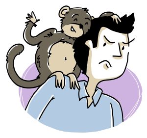 Une personne a l’air excédé et portant un singe contre son gré. Le singe pose la main sur la tête du monsieur, l’illustration suggère que le singe est refilé.