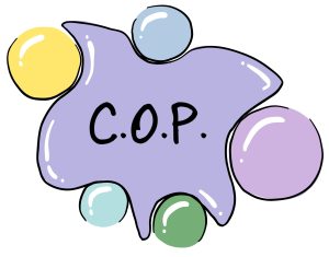 Une forme disproportionnée entourée de cinq boules de couleurs différentes, elles s’emboitent de manière harmonieuse et suggèrent comme de bonhomme avec une tête deux bras et deux jambes, portant l’inscription C.O.P.