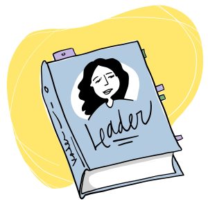 Un livre porte l’image d’une femme avec une inscription en dessous « LEADER », et des marque-pages qui débordent de tous les côtés. L’illustration suggère une biographie.