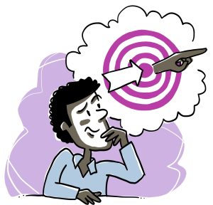 Une personne se tient le menton et regarde vers la droite, elle semble réfléchir. Une bulle de pensée comporte une flèche et une main indiquant une direction. Une cible est dessinée sous la flèche et la main.