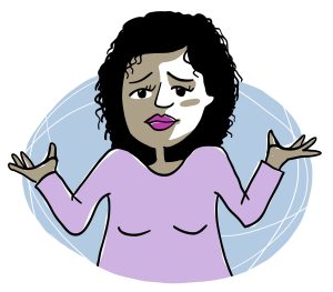 Une femme lève les deux mains vers le ciel en signe de désarroi, le visage renfrogné et les sourcils baissés.