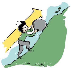 Un homme tente péniblement de rouler une pierre le long d’une colline. Une flèche jaune est derrière pointée vers le haut.