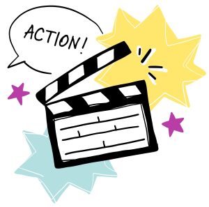 Un clapet de cinéma qui annonce le début d’une scène. Sous le clapet deux étoiles l’une jaune et l’autre bleue. Une bulle de discussion porte l’inscription « ACTION! »