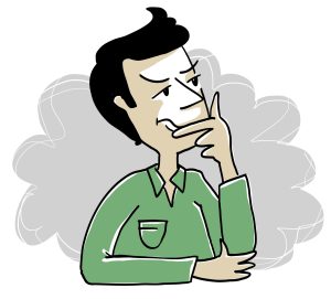 Une personne regarde vers la droite l’air pensif, les sourcils intriqués, et se tient le menton entre l’index et le pousse.