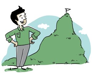 Une personne est debout les deux mains sur les hanches avec l’air fier et satisfait. Il regarde vers la droite. Un tas de végétaux est entassé avec un mini drapeau planté tout en haut.