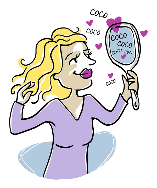 Un personnage de femme est représenté. Elle passe une main dans ses cheveux en arrière, et tient un miroir de l’autre. Elle se regarde, et semble apprécier, car plusieurs cœurs s’échappent du miroir, ainsi que son prénom.