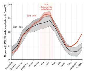 Graphique montrant en y la moyenne de la température de l’eau en degré Celsius et en x le temps en mois. Une courbe en noir augmente entre les mois de janvier et d’avril et redescend par la suite, celle-ci représente la courbe normale de variations de température annuelles qui s’est produite entre 2007 et 2015. En rouge, une courbe similaire à la noire, mais plus haute entre les mois de février et avril représente l’année 2016 où un évènement de réchauffement a créé des températures anormalement élevées durant ces 3 mois.