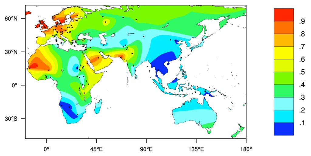 Carte du monde, qui exclut les Amériques. La fréquence du phénotype de persistance de la lactase est illustrée par un code de couleur. Les régions où le phénotype est très présent sont l’Afrique de l’Ouest, l’Europe du Nord et l’Asie de l’Ouest.